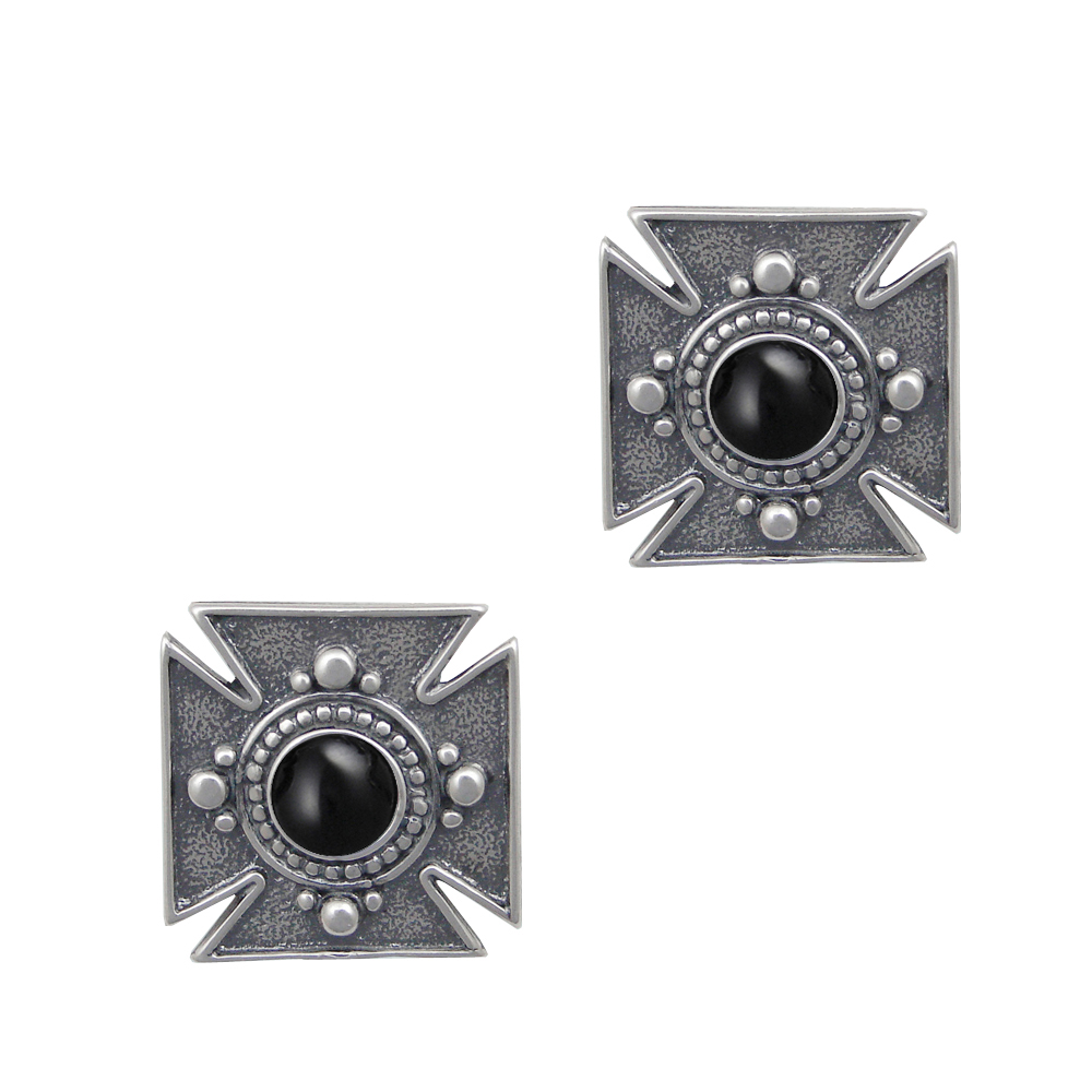 Sterling Silver Iron Cross Post Stud Earrings With Black Onyx